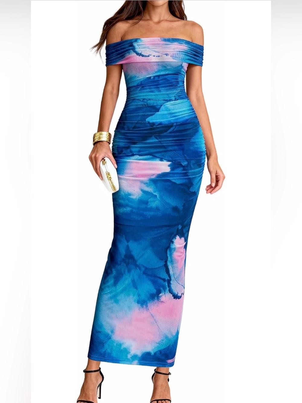 Off-Shoulder Blue and Pink Tie-Dye Midi Dress